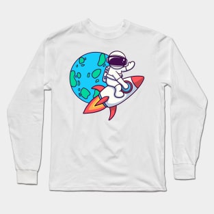 Astronaut Riding Rocket And Waving Hand Long Sleeve T-Shirt